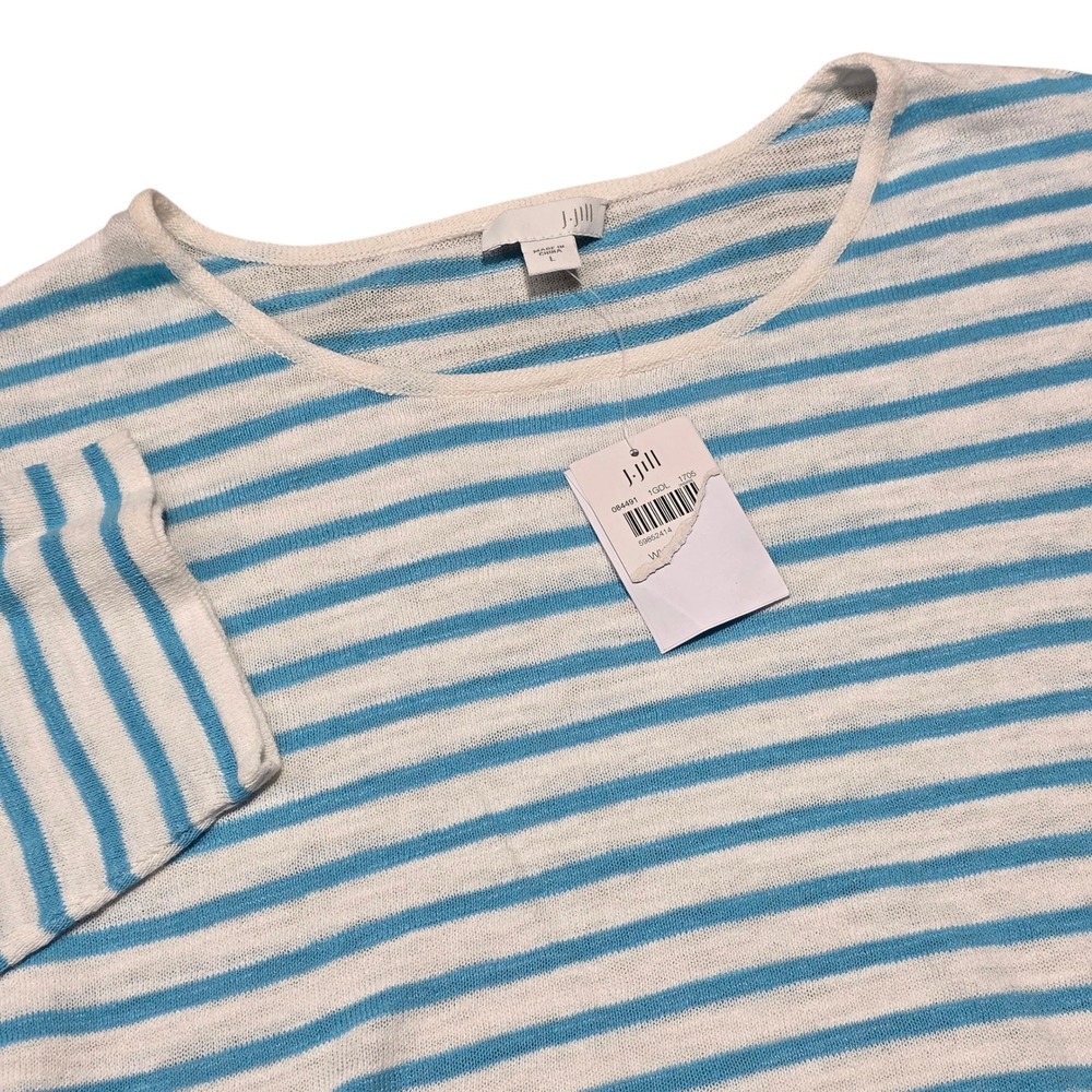 NEW J.Jill Button Bag Top Linen Blend Striped 3/4‎ Sleeve Pocket Lightweight L